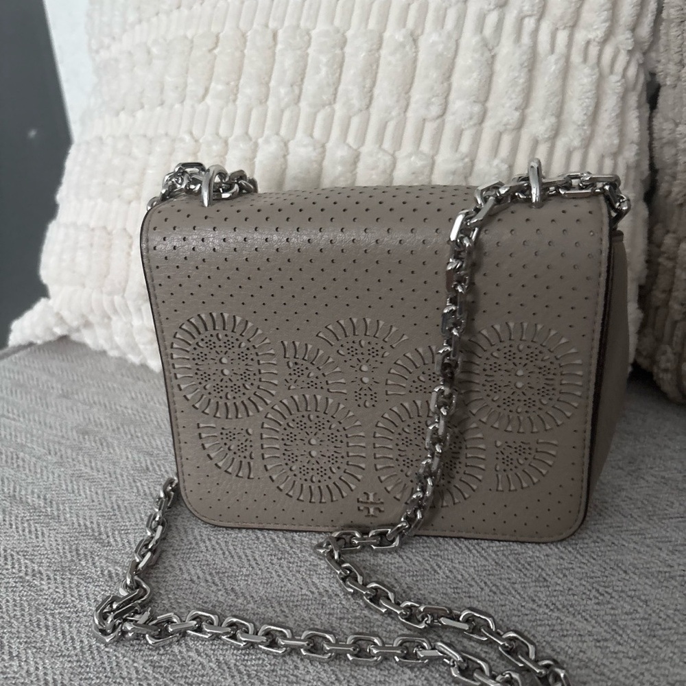 Tory Burch Taupe Perforated Leather Crossbody with Silver Chain